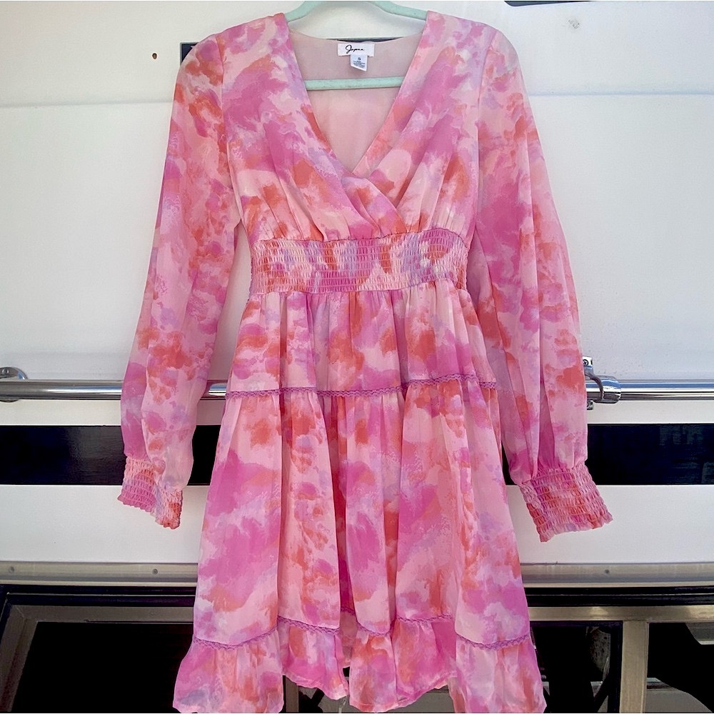 Japna Pink Watercolor Ruffle Dress with Bow Ties